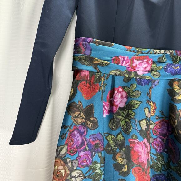 Theia Tabitha Long Sleeve Gown Dress Women's Size 4 Floral Navy Blue - Picture 3 of 14